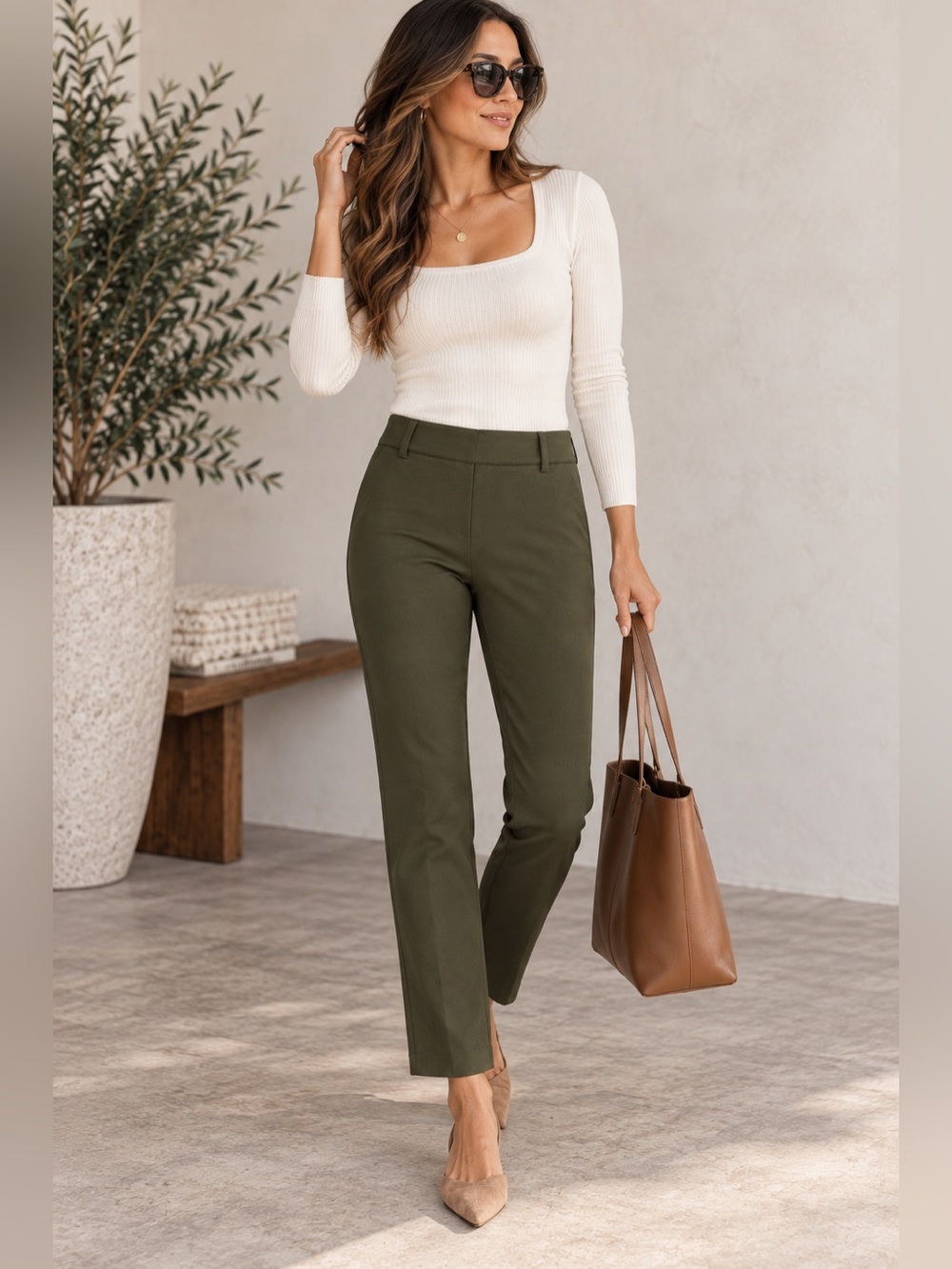 Quince Ultra Stretch Ponte Straight Leg Pull On Olive Green X-Petite Pants